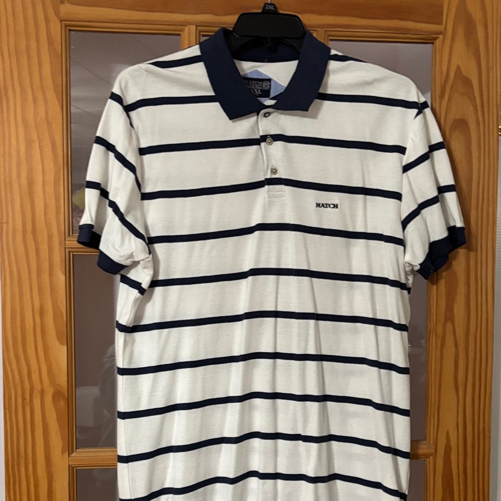 Match - Men’s White Polo Shirt with Navy Blue Stripes